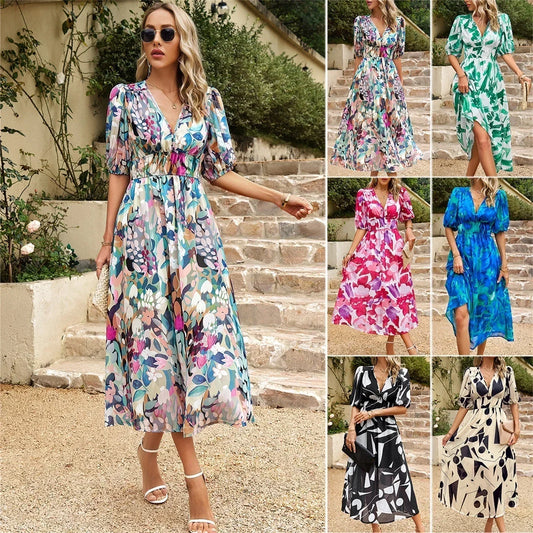 🔥Hot Sale 50% OFF🎀Elegant Waist V-neck Printed Dress