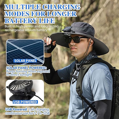 🔥Summer has arrived. - Wide Brim Solar Fan Outdoor Fishing Hat-Solar & USB Charging