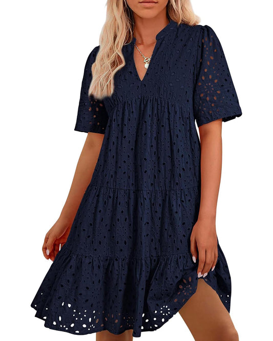 Women's Elegant Hollow Out Lace Ruffle Casual Mini Dress