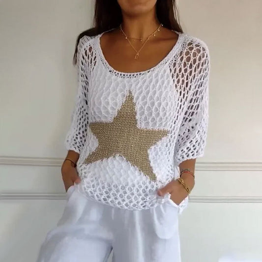 ⏰Last Day Sale 49%OFF⌛💥Women's Fashion Round Neck Crochet Knit Fishnet Top