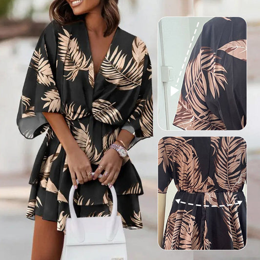 Women's Fashion V-Neck Loose Bat Sleeve Printed Dresses