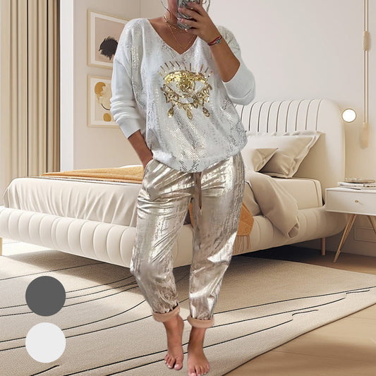 🌷LAST DAY SALE 51% OFF💝Devil's Eye Gold Foil Top and Sequin Pants Set