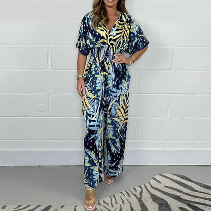 💖Women's Summer Fashion Leaf Print Plus Size Bodysuit with Elastic Waist