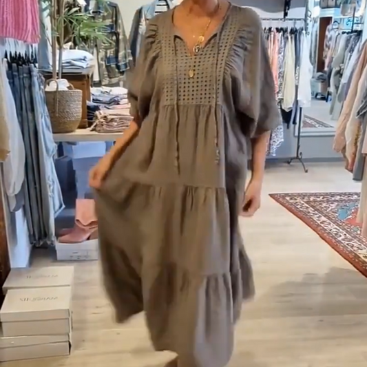 ⏳Begrenzte Zeit 50% Rabatt💥Women’s Tiered V-Neck Solid Half-Sleeve Long Dress