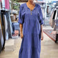 ⏳Begrenzte Zeit 50% Rabatt💥Women’s Tiered V-Neck Solid Half-Sleeve Long Dress