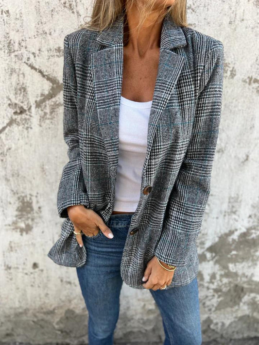 🔥Hot Sale 60% off🔥 Fall Lapel Collar Slim Button Plaid Small Suit For Women