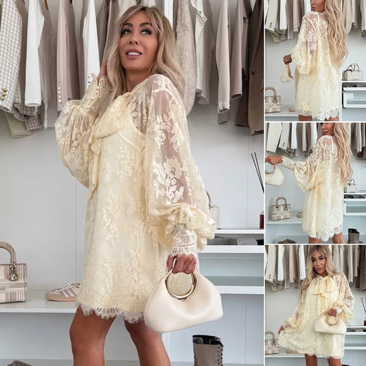 💖Limited Sale 49% OFF💖Lace Mini Dress with Bow Tie Neck