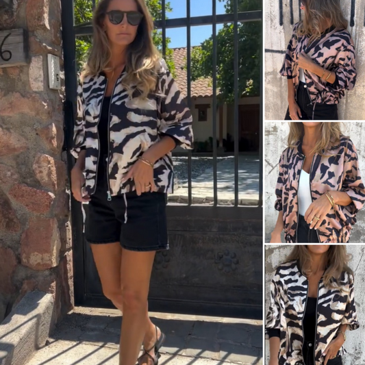 💖Limited Sale 50% OFF💖Women's Fall Zebra Print Zipper Bomber Jacket