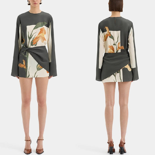 Women's long-sleeved mini dress with fashionable print