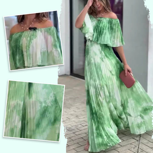 🌷Summer Hot Sale-49% Off🩵Women's Printed Pleated Off-shoulder Dress