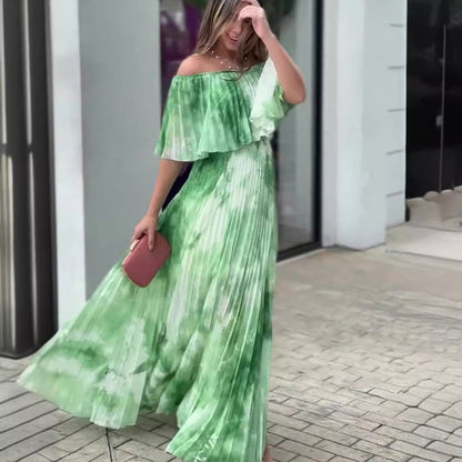 🌷Summer Hot Sale-49% Off🩵Women's Printed Pleated Off-shoulder Dress