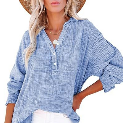 🏆🏆🔥Hot Sale 50%🔥Buy 2 get save 5%🌸🌸Women’s Casual Gauze Button Neck Long Sleeve Blouse