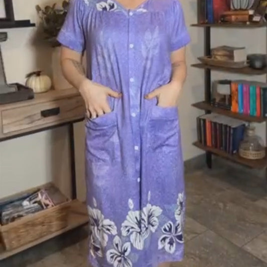 V-neck Loose Fit Printed Dress with Pockets and Buttons