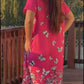 V-neck Loose Fit Printed Dress with Pockets and Buttons