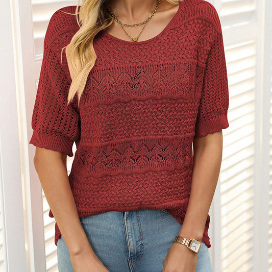 🎉This Week's Special Sale - 50% OFF✨Women's Round Neck Hollow Knit Crochet Short Sleeve Sweater