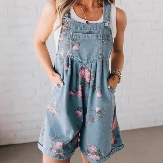 🌸2025 New Fashion Vintage Floral Printed Denim Jumpsuit