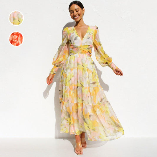 Robe Longue Florale Fluide à Col en V et à Manches Longues pour Femmes