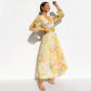 Robe Longue Florale Fluide à Col en V et à Manches Longues pour Femmes