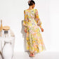 Robe Longue Florale Fluide à Col en V et à Manches Longues pour Femmes