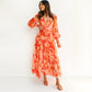 Robe Longue Florale Fluide à Col en V et à Manches Longues pour Femmes