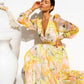 Robe Longue Florale Fluide à Col en V et à Manches Longues pour Femmes