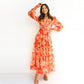 Robe Longue Florale Fluide à Col en V et à Manches Longues pour Femmes