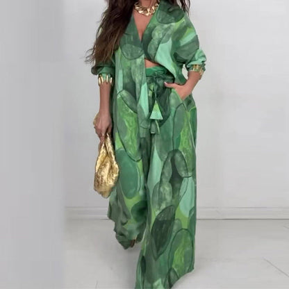 🎊2025 Time-limited Special：54%OFF🎊Fashion Print Long Sleeve Shirt & Wide Leg Pants 2-Piece Set