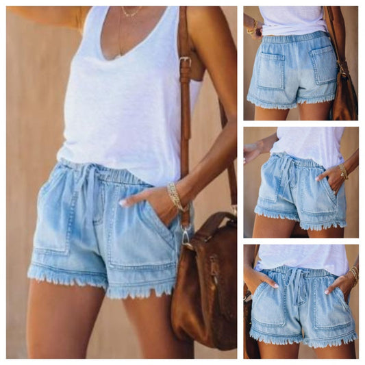 🍃High Waist Drawstring Distressed Denim Shorts