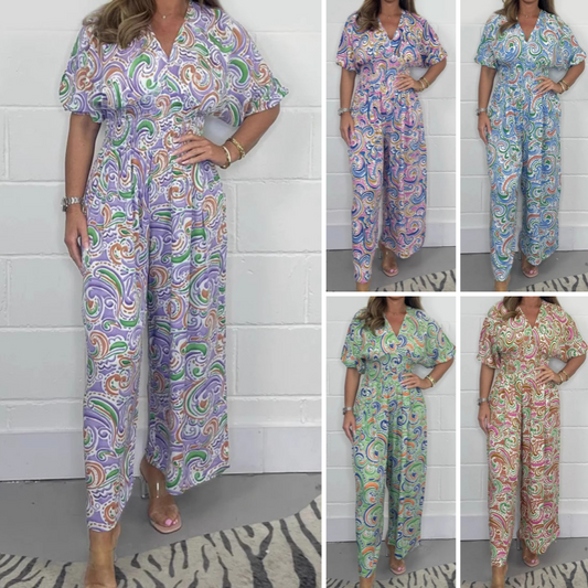 Women’s Elegant V-Neck Printed Wide-Leg Jumpsuits