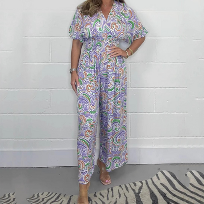 Women’s Elegant V-Neck Printed Wide-Leg Jumpsuits