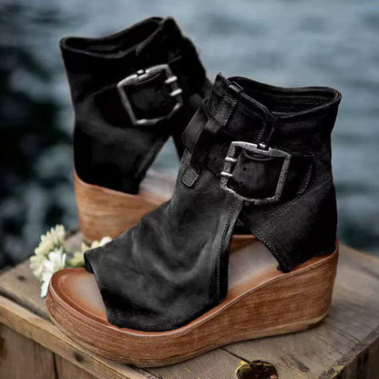 Peep-Toe Wedge Ankle Boots with Buckle