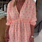 V-Neck Striped Short Sleeve Dress with Heart Print