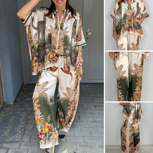 🌿Women's Loose Printed Top & Wide-Leg Pants 2-Piece Set🔥